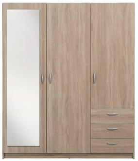 Kledingkast Varia 3-deurs Inclusief Spiegel - Licht Eiken - 175x146x50 Cm - Spaanplaat - Bruin