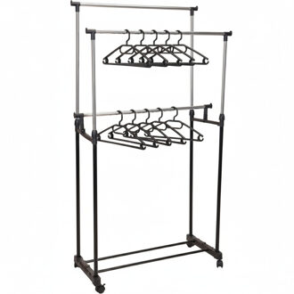 Kledingrek incl 10x kledinghangers - op wieltjes - dubbele stang - verstelbaar - 160 cm - metaal