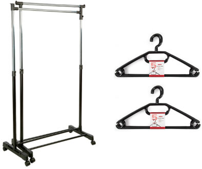 Kledingrek met kleding hangers - 2x enkele stang - kunststof - zwart - 162 x 42 x 168 cm - Kledingrekken