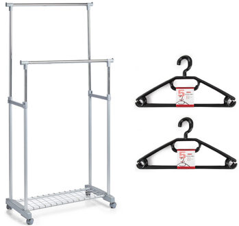 Kledingrek met kleding hangers - dubbele stang - kunststof/metaal - grijs - 83 x 43 x 107