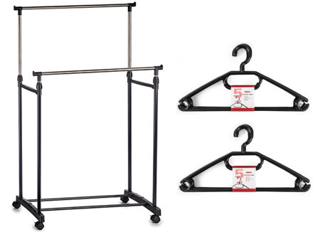 Kledingrek met kleding hangers - dubbele stang - kunststof - zwart - 80 x 42 x 160 - Kledingrekken