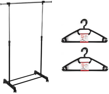 Kledingrek met kleding hangers - enkele stang - kunststof/metaal - zwart - 120 x 42 x 165 cm