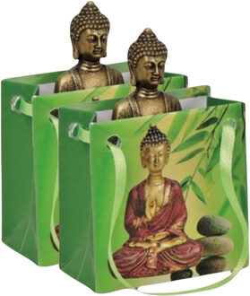 Klein cadeau Boeddha beeld - 2x - rood/goud - in cadeautasje - H5,5 cm