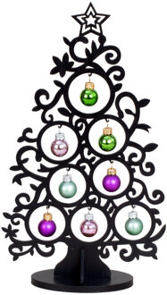Klein decoratie kerstboompje - zwart - met kerstballen - H30,5 cm - hout