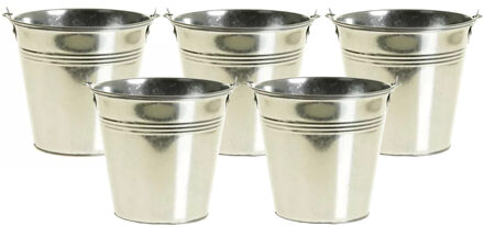 Klein zinken emmertje - 10x - zilver - 15 cm hoog - metaal - bloempot - plantenpot