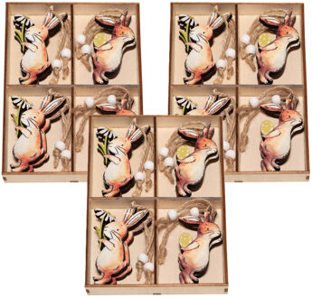 Kleine decoratie paashaasjes hangers - hout - 11 cm - set 24x stuks - MDF - Pasen versiering