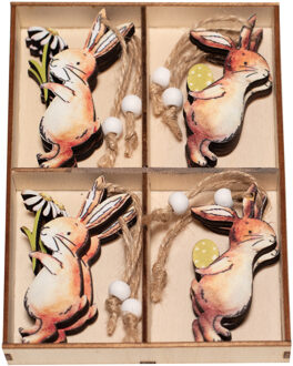Kleine decoratie paashaasjes hangers - hout - 11 cm - set 8x stuks - MDF - Pasen versiering Naturel