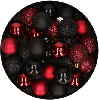 Kleine kerstballen - 28x st - zwart en donkerrood - D3 cm - kunststof - kerstversiering