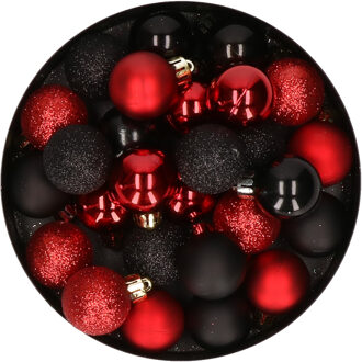 Kleine kerstballen - 28x st - zwart en rood - D3 cm - kunststof - kerstversiering