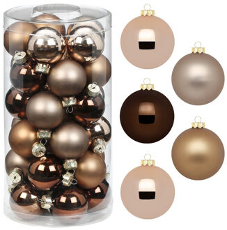 Kleine kerstballen - 36x st - elegant bruin - 4 cm - glas - mat/glans