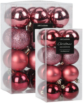 Kleine kerstballen - 40x st - 3 en 5 cm - roze - kunststof - kerstversiering