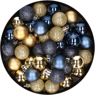 Kleine kerstballen - 40x st - donkerblauw/goud - D3 cm - kunststof - Kerstbal Goudkleurig