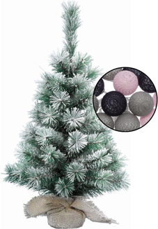 Kleine kerstboom besneeuwd -incl. verlichting bollen mix grijs/lichtroze - H60 cm