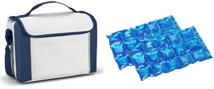 Kleine koeltas voor lunch blauw/wit met 2 stuks flexibele koelelementen 8 liter