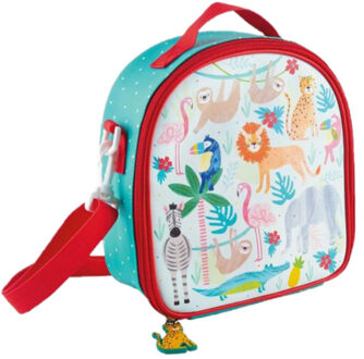 Kleine koeltas voor lunch rood/blauw met jungle dieren print 9 x 22 x 22 cm 4 liter