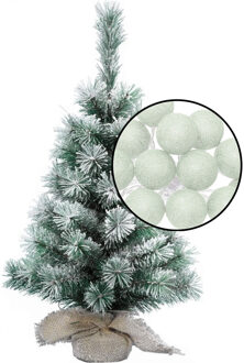 Kleine kunst kerstboom - besneeuwd - incl. lichtsnoer met balletjes lichtgroen- H60 cm