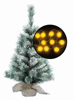 Kleine kunst kerstboom besneeuwd -incl. zonnebloemen lichtsnoer - H60 cm