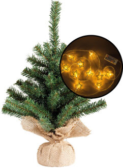 Kleine kunst kerstboom -groen -incl. 3D sterren lichtsnoer metallic goud - H45 cm