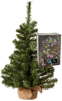 Kleine kunst kerstboom - H60 cm- incl. gekleurde kerstballen lichtsnoer