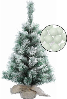 Kleine kunst kerstboom met sneeuw -incl. lichtslinger bollen lichtgroen - H60 cm