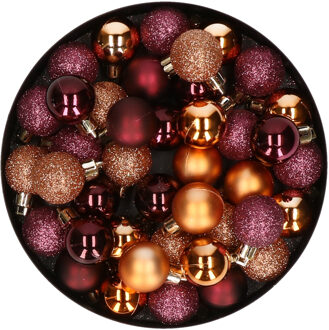 Kleine kunststof kerstversiering 40x stuks set en 3 cm kerstballen in het aubergine en koper