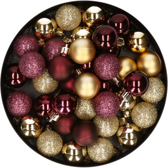 Kleine kunststof kerstversiering 40x stuks set en 3 cm kerstballen in het goud en aubergine