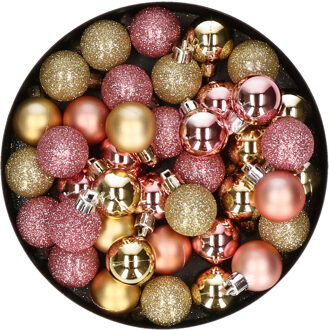 Kleine kunststof kerstversiering 40x stuks set en 3 cm kerstballen in het goud en roze