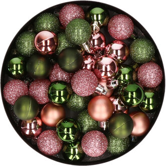 Kleine kunststof kerstversiering 40x stuks set en 3 cm kerstballen in het roze en groen