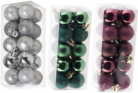 Kleine kunststof kerstversiering 60x stuks set en 3 cm kerstballen in het zilver-aubergine-groen - Kerstbal Multikleur