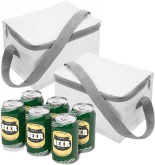 Kleine mini koeltas voor lunch of sixpack blikjes - 2x - wit - 21 x 15 x 13 cm - draagriem