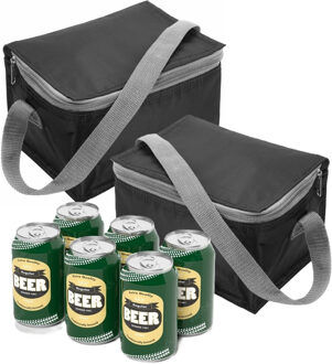 Kleine mini koeltas voor lunch of sixpack blikjes - 2x - zwart - 21 x 15 x 13 cm - draagriem