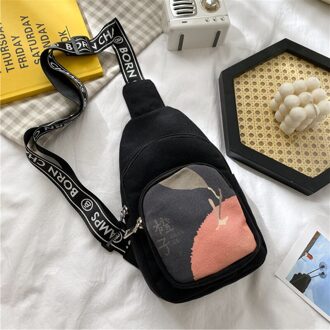 Kleine Verse Zak Lente Stijl Buitenlandse Stijl Schoudertas Afdrukken Leisure Canvas Tas Koreaanse Borst Zak zwart oranje