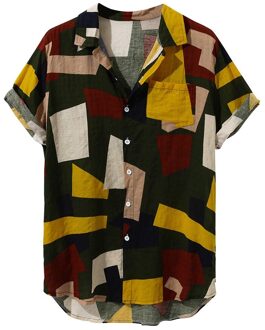 Kleur Blok Print Hawaiian Heren Shirt Korte Mouw Streetwear Shirts Turn-Down Kraag Zomer Knoppen Loose Beachwear Blauw / M