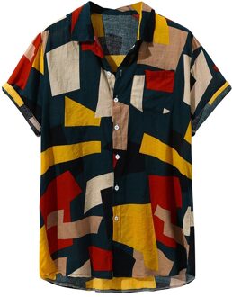 Kleur Blok Print Hawaiian Heren Shirt Korte Mouw Streetwear Shirts Turn-Down Kraag Zomer Knoppen Loose Beachwear geel / Xxl