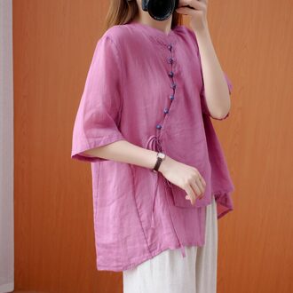 Kleur Knoppen Onregelmatige 2022 Vrouwen Tops Zomer Chinese Blouse Vintage Staande Kraag Vrouwelijke Korte Mouwen Z055 roze