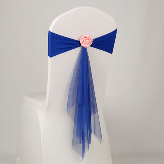 Kleur Koningsblauw Spandex stoel sjerp met rose bal artifical bloem bal en organza sash lycra sjerp fit alle stoelen bruiloft