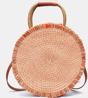 kleur lederen handvat schoudertas ins retro casual draagbare ronde strozak hand-geweven zak oranje