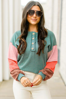 Kleurblok Lange Mouwen Top Groenblauw