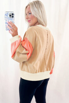 Kleurblok Wafelgebreide Mouwen Top Beige