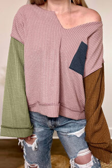 Kleurblokken Brei Pullover Met Pocketdetail Roze