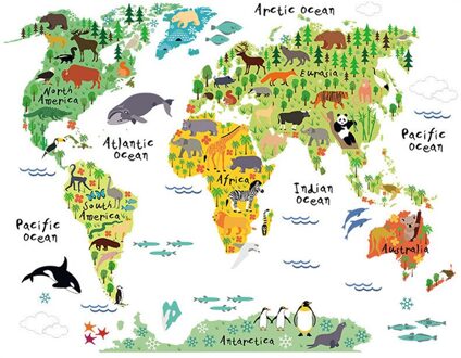 Kleurrijke Animal World Map Vinyl Muur Sticker Voor Kinderkamer Home Decor 3D Decals Pegatinas De Vergelijking Woonkamer stickers