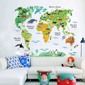 Kleurrijke Dier Wereldkaart Muurstickers Nursery Kids Decor Verwijderbare Vinyl Decal Pvc 60Cm * 90cm Veelzijdigheid