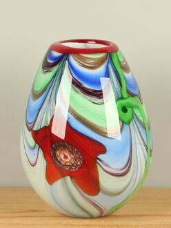 Kleurrijke glazen bol vaas, glazen vaas, glasvaas, vaas glas kleurrijk, 30 cm, A007