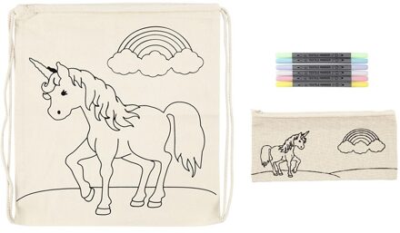 Kleurset gymtasje eenhoorn met textielstiften en etui - Hobbypakket