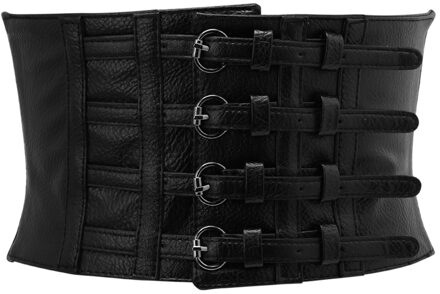 KLV Retro Dame Taille Vorm Corset Brede Elastische Faux Leather Black Belt Stretch Tailleband