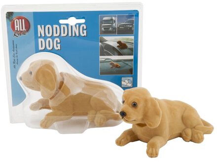 Knikkende hond - beeldje voor auto dashboard of hoedenplank - bewegend - 16x7 cm - beige