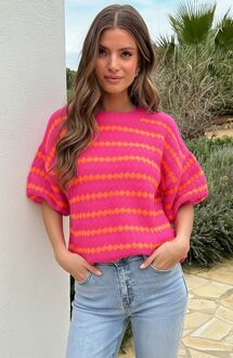 Knitted Striped Short Sleeve Top Oranje Fuchsia Oranje/Roze