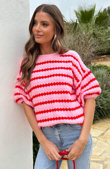 Knitted Striped Short Sleeve Top Roze Bordeauxrood/Roze