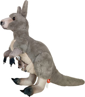 knuffel Kangoeroe - met baby - pluche - grijs - 30 cm