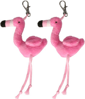 Knuffeldier Flamingo vogel sleutelhanger - 2x - pluche knuffeltjes - roze - 6 cm